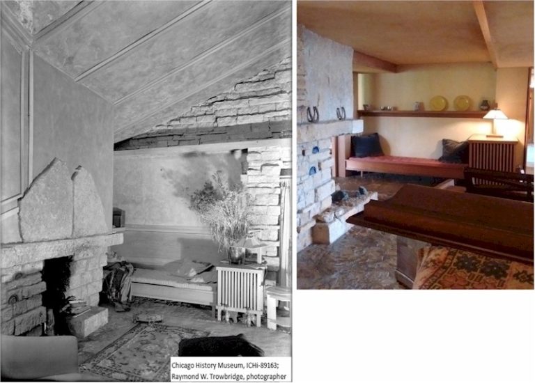 Taliesin interior. On left: by Raymond Trowbridge, 1930. On right, by Keiran Murphy 2019.
