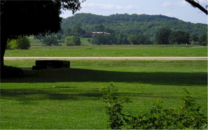 Looking toward Taliesin from the grounds of Unity Chapel