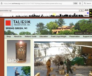 Screengrab of Taliesin Preservation home page in October 2012, saying "Taliesin Spring Green, WI"