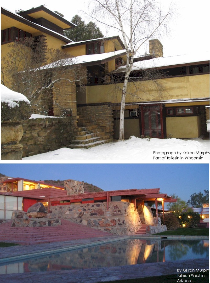 Top photograph: Taliesin in Wisconsin, with snow. Bottom photograph: Taliesin West board room.