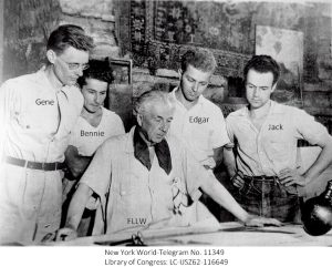 Frank Lloyd Wright and 4 apprentices in Taliesin's Drafting Studio, 1930s.