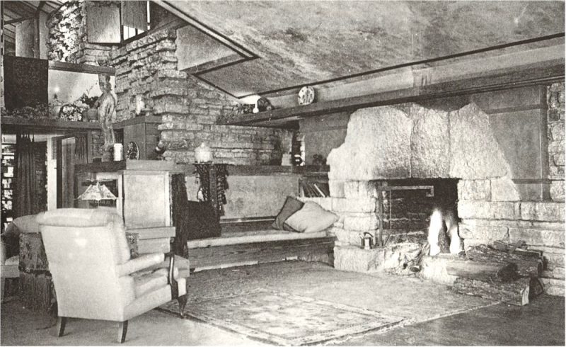 Photograph of Taliesin's living room and fireplace. By Pedro Guerrero.