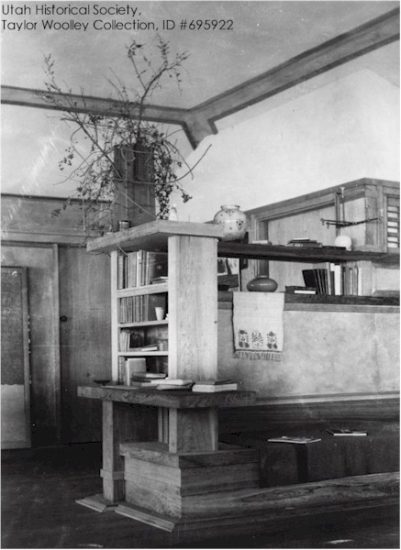 Black and white photograph of inglenook in Taliesin I living room. By Taylor Woolley