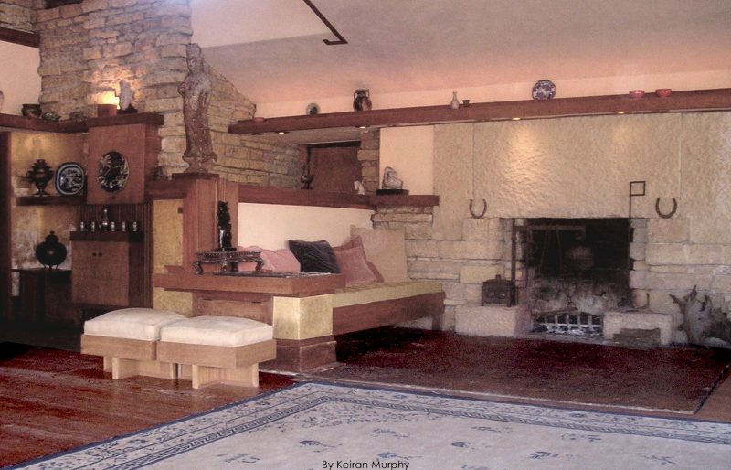 Contemporary. Looking southwest in Taliesin's living room at the fireplace.