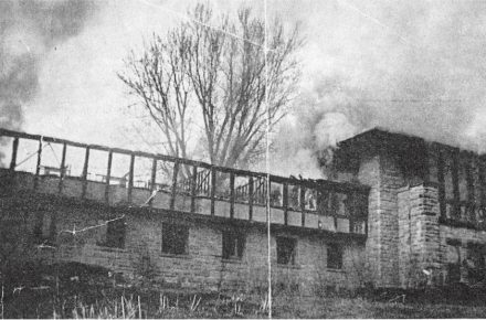 Looking northwest at Frank Lloyd Wright's Hillside building during April 26, 1952 fire