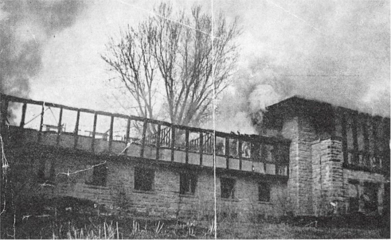 Looking northwest at Frank Lloyd Wright's Hillside building during April 26, 1952 fire