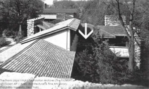 Black and white photograph looking (plan) west at roofs at Taliesin.