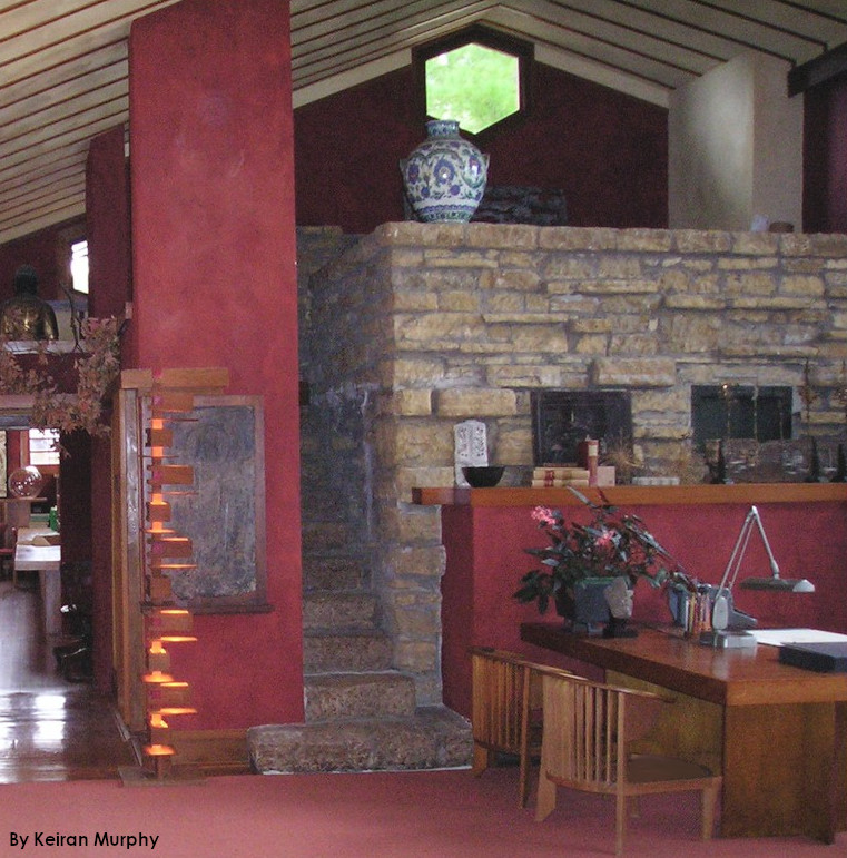 Looking west in the Taliesin Drafting Studio toward Wright's vault, with his desk at the lower right.