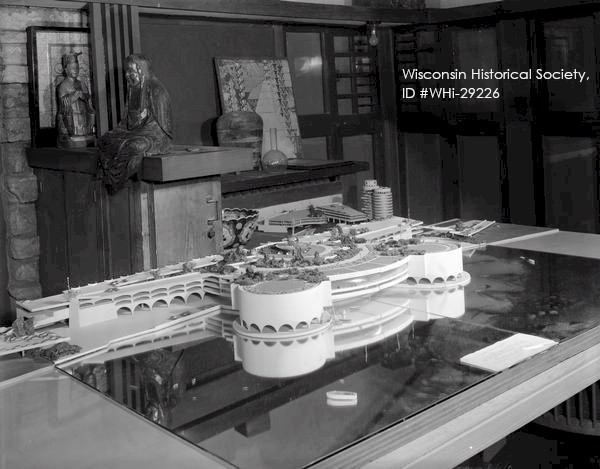 Photograph looking (plan) southeast at the Monona Terrace model. Taken in 1955.