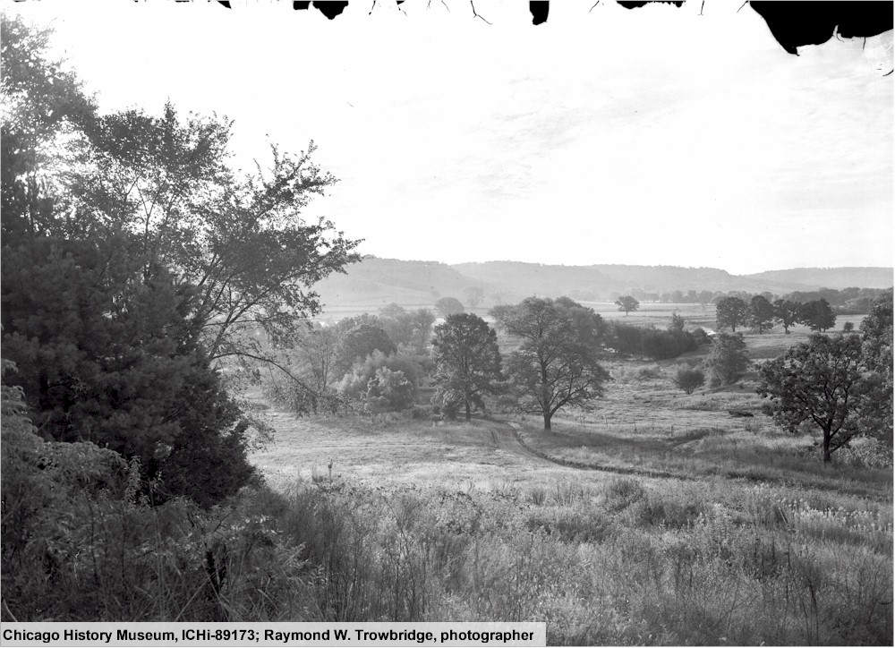 Black and white photograph of valley in southwestern Wisconsin settled by Frank Lloyd Wright's family.
