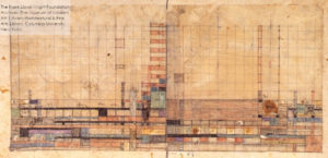 The design for the first curtain at Frank Lloyd Wright's Hillside theater (then called the Playhouse).