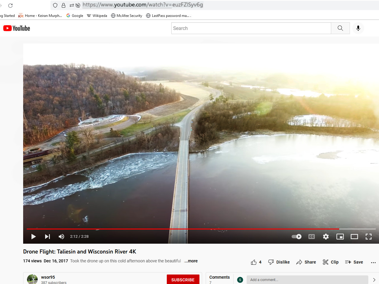 Screenshot from a drone flight taken in December, 2017. It shows the Wisconsin River and the Taliesin estate.