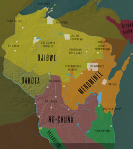 Map of Wisconsin showing the placement of indigenous nations.