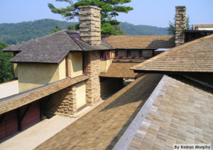Exterior photograph looking at the roofs Taliesin. Photograph taken in 2005 by Keiran Murphy.