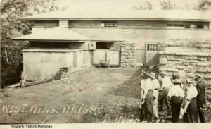 Postcard of crowd at Taliesin. Caption on card: "WEST WING. WRIGHT'S BUNGALOW". Property: Patrick Mahoney