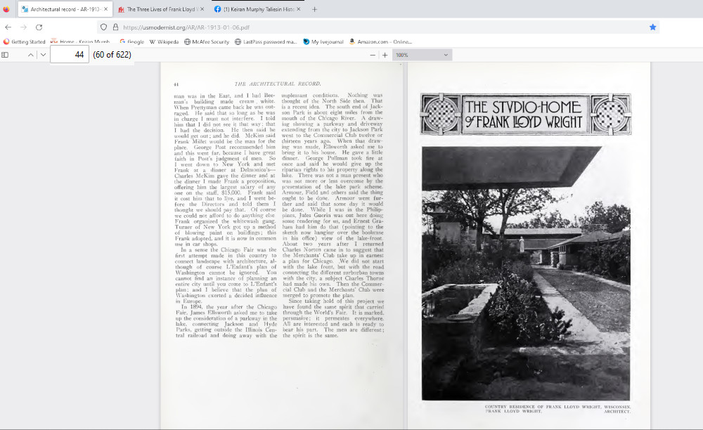 Image from opening pages of "The Studio-Home of Frank Lloyd Wright". Includes a photograph looking West at Taliesin in the summer of 1912.