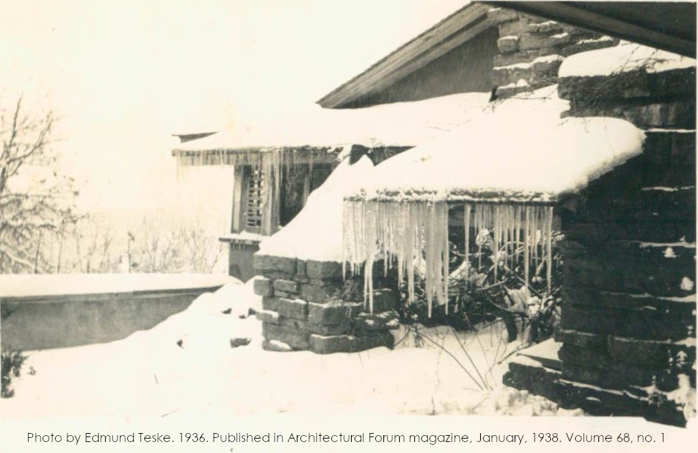 Photograph taken by Edmund Teske. Taliesin in winter with snow and ice.