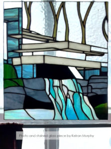 Photo by Keiran Murphy of her piece of stained glass that shows Frank Lloyd Wright's Fallingwater.