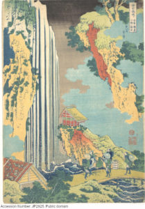 Japanese woodblock print by Katsushika Hokusai. Shows a waterfall, four people, and two cabins.