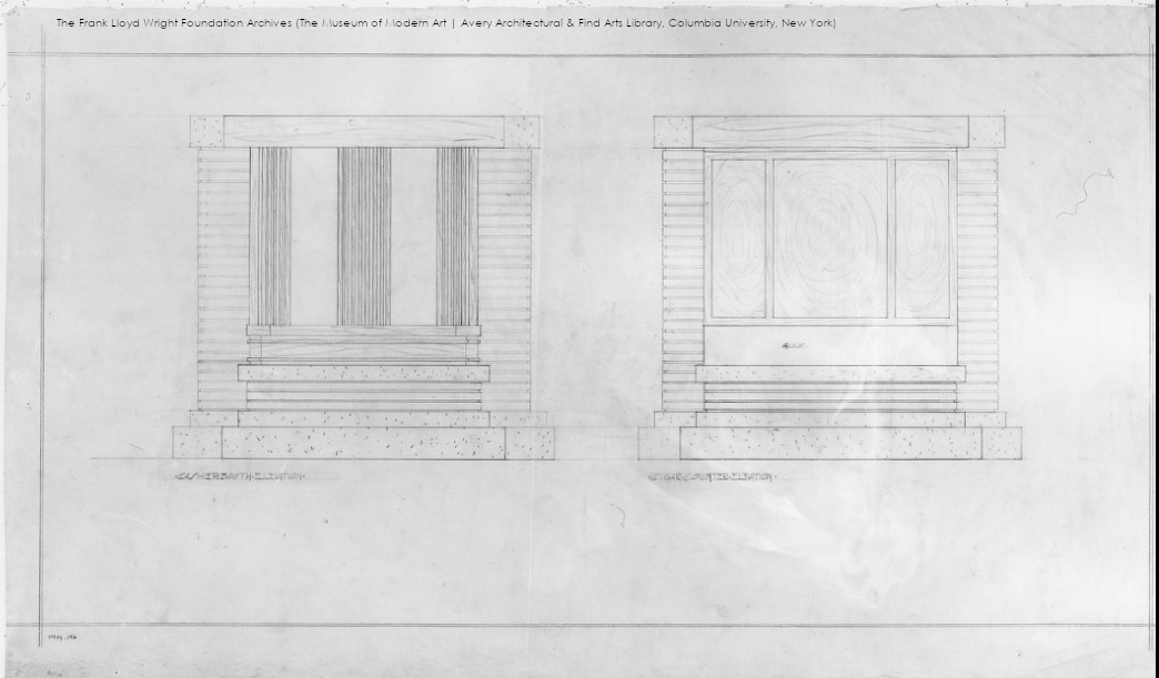 Drawings. The Frank Lloyd Wright Foundation Archives (The Museum of Modern Art | Avery Architectural and Fine Arts Library, Columbia University, New York). Drawing of a cashier booth and cigar counter at Midway Gardens.