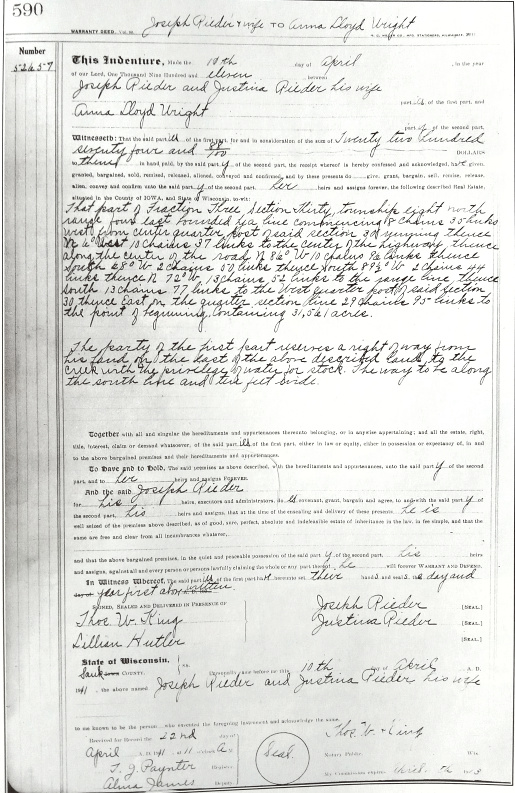 The deed of sale for the 31.65 acre sale from Joseph and Justina Rieder and Anna Lloyd Wright on April 10, 1910.