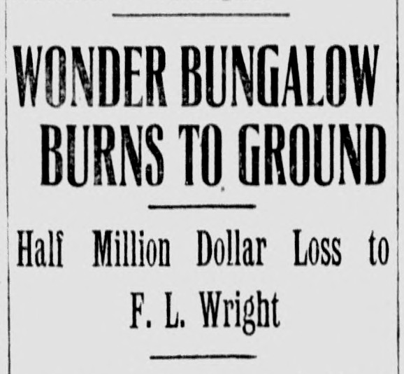 Headline describing the April 20, 1925 fire at Taliesin, Frank Lloyd Wright's Wisconsin home