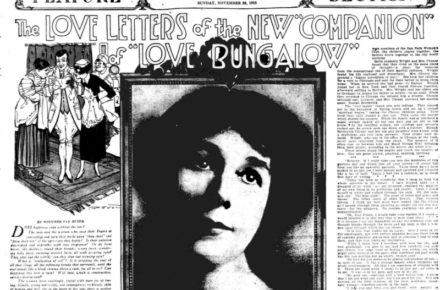 First page of the Feature Section in the Washington Herald newspaper, on November 28, 1915. Includes drawings, letters, and photograph of the face of Miriam Noel.