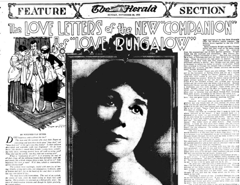 First page of the Feature Section in the Washington Herald newspaper, on November 28, 1915. Includes drawings, letters, and photograph of the face of Miriam Noel.