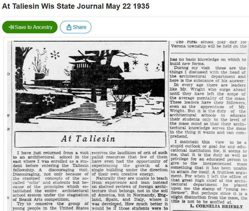 Screen grab of an "At Taliesin" article published in the Wisconsin State Journal on May 22, 1935.