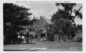 Black and white photograph of the Home Building at the Hillside Home School. Real photo postcard at the Wisconsin Historical Society.