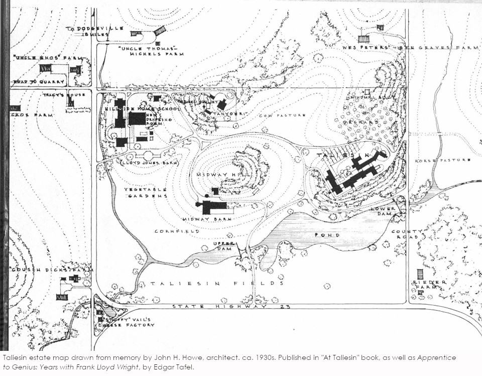 Black and white map of the Taliesin estate drawn from memory by John H. Howe.
