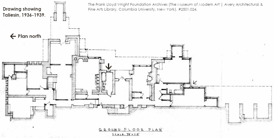 Drawing of the ground floor of Taliesin. Drawing executed in 1936-1939. Drawing #2501.024.