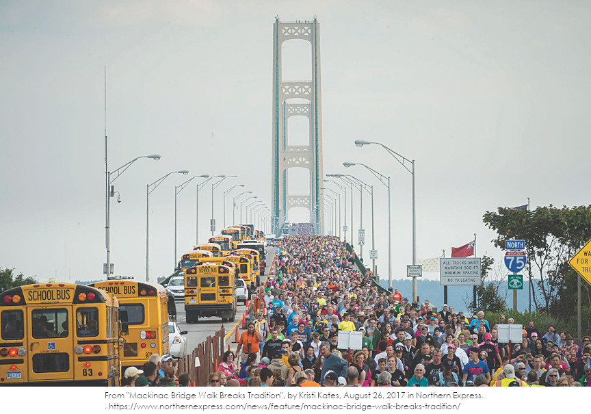 Photograph of crowds on the right walking the Mackinac Bridge with car traffic on the left. Taken in Mackinaw City.
