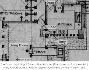 Floor plan of Taliesin living room and kitchen drawn in 1911 by Frank Lloyd Wright. Drawing 1104.003. The Frank Lloyd Wright Foundation Archives (The Museum of Modern Art } Avery Architectural and Fine Arts Library, Columbia University, New York).