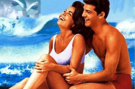 Movie poster showing Annette Funicello and Frankie Avalon on beach, with two sharks above them referring to the "sharknado" phenomenon.