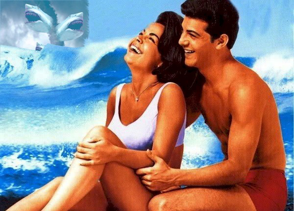 Movie poster showing Annette Funicello and Frankie Avalon on beach, with two sharks above them referring to the "sharknado" phenomenon.