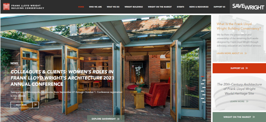 The Home page of SaveWright.org before the 2023 Frank Lloyd Wright Building Conservancy conference.
