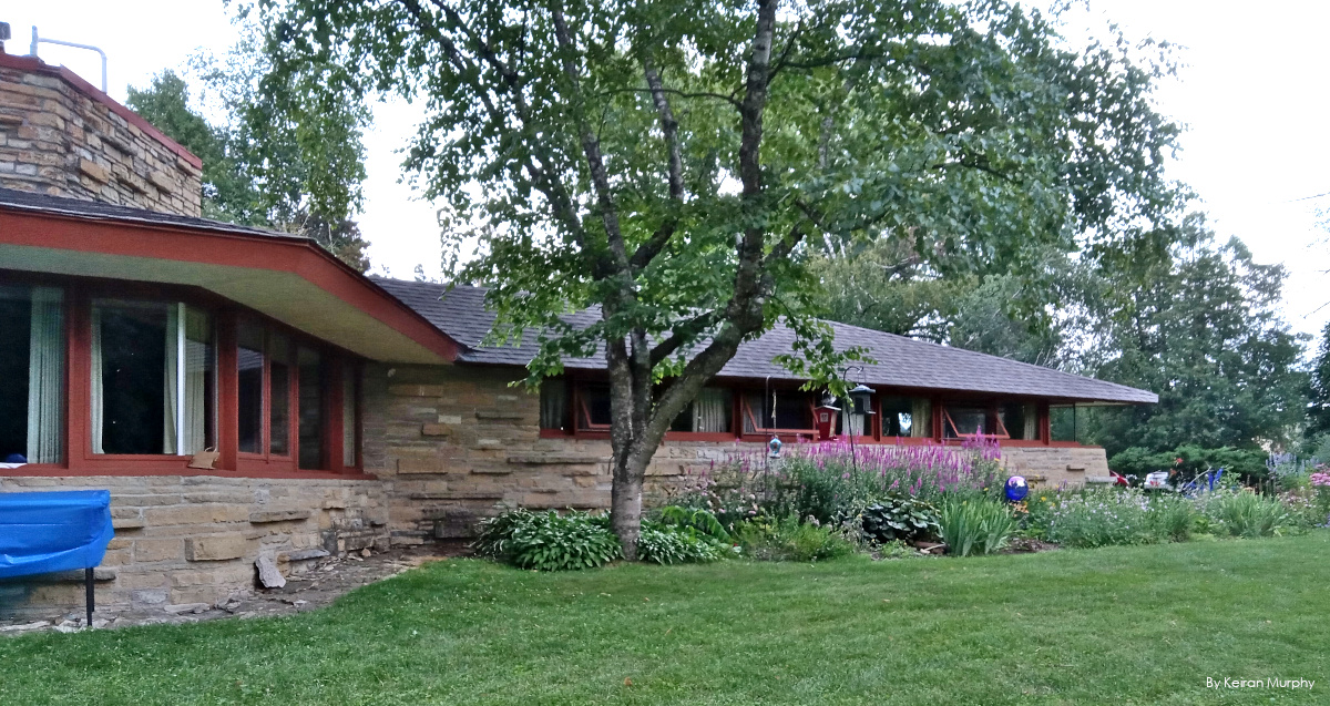 Exterior of stone house by Frank Lloyd Wright for Patrick and Margaret Kinney in Lancaster, Wisconsin.