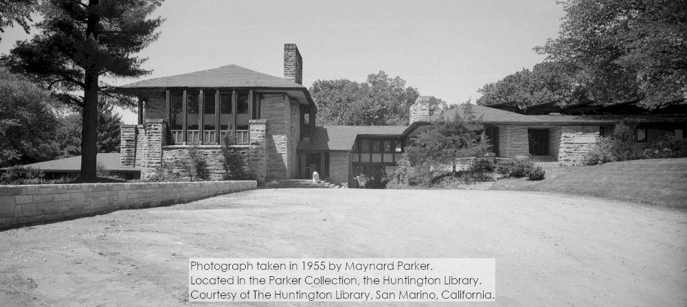 Looking west at Frank Lloyd Wright's Hillside Home School. Assembly Hall on left, Hillside Drafting Studio on the right under the "serrated" roof line. Photograph by Maynard Parker. Courtesy of the Huntington Library, San Marino, California.