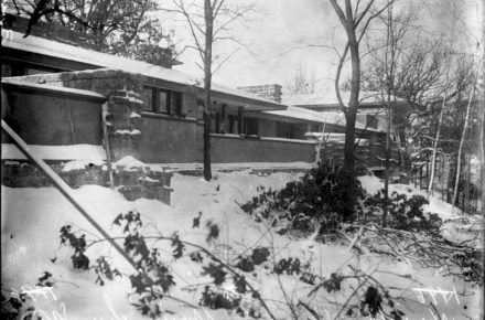 Exterior photograph of Taliesin in snow. Published December 1911. Property: the Chicago Tribune.
