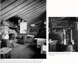 Two photographs looking (plan) west in Taliesin's drafting studio, 1920-25.