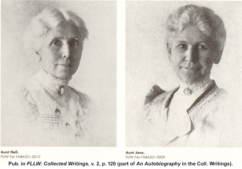Two portraits of Ellen C. Lloyd Jones (left) and Jane Lloyd Jones (right). Property of the Frank Lloyd Wright Foundation. Unknown photographer.