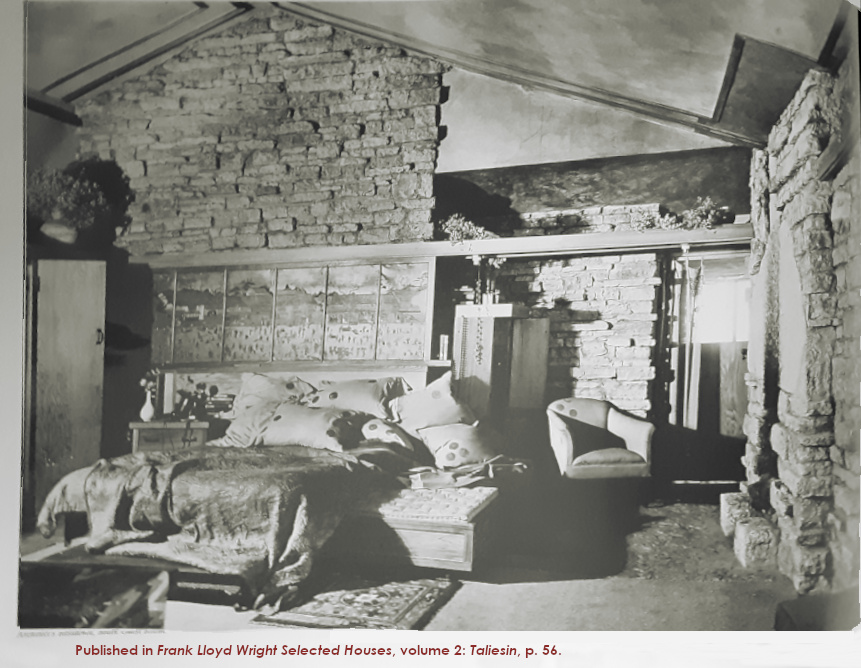 Photograph by Clarence Fuermann, 1926-28 of Frank Lloyd Wright's bedroom (now Taliesin's Guest Bedroom). Showing bed, furniture, and a door on the right to the terrace.