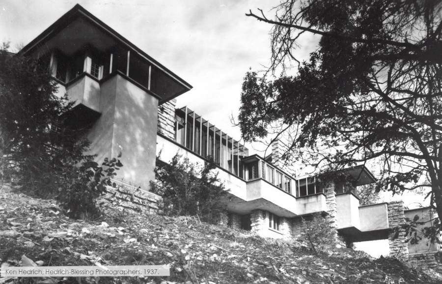 Photograph of east facade of Taliesin by Ken Hedrich. Taken in 1937. In the Hedrich-Blessing Collection at the Chicago History Museum, ID: HB04414-2.